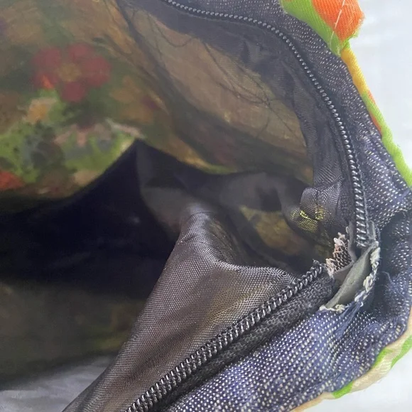 Green and Yellow Retro Floral Tote Bag 80s broken zipper - Picture 2 of 4